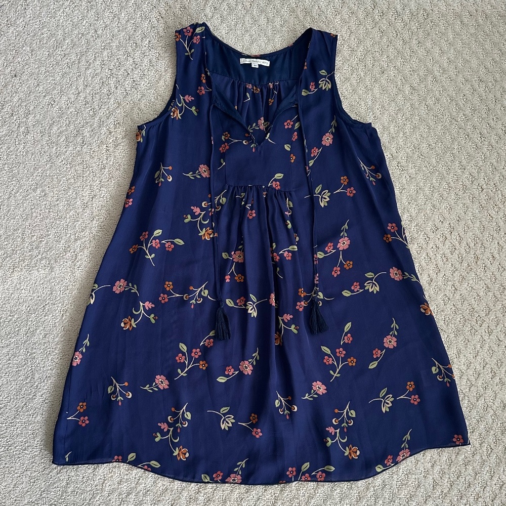Love Johnny Was 100% Silk Flowers In The Wind Dress Navy/Multi XS Sheer Boho